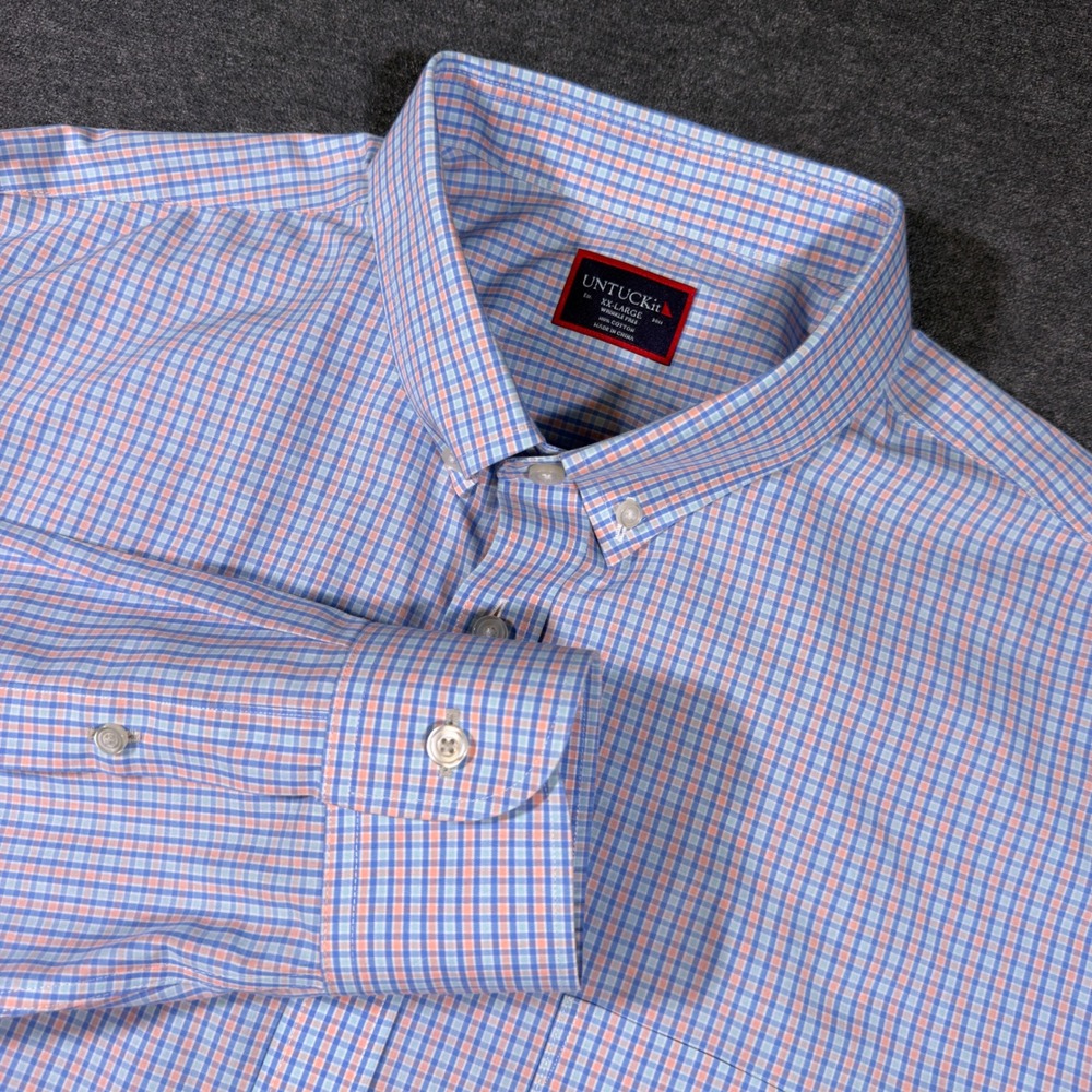 UNTUCKit Button Down Shirt Mens XXL Blue Pink Plaid Wrinkle Free Cotton Preppy
